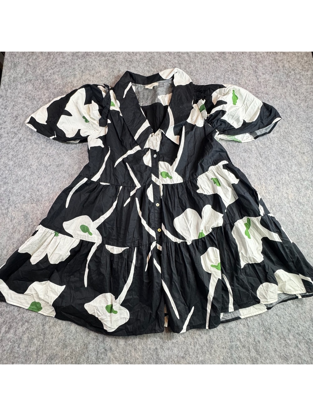 NWOT Entro Black and White Floral Puff Sleeve 100% Cotton Natural Fiber Dress M